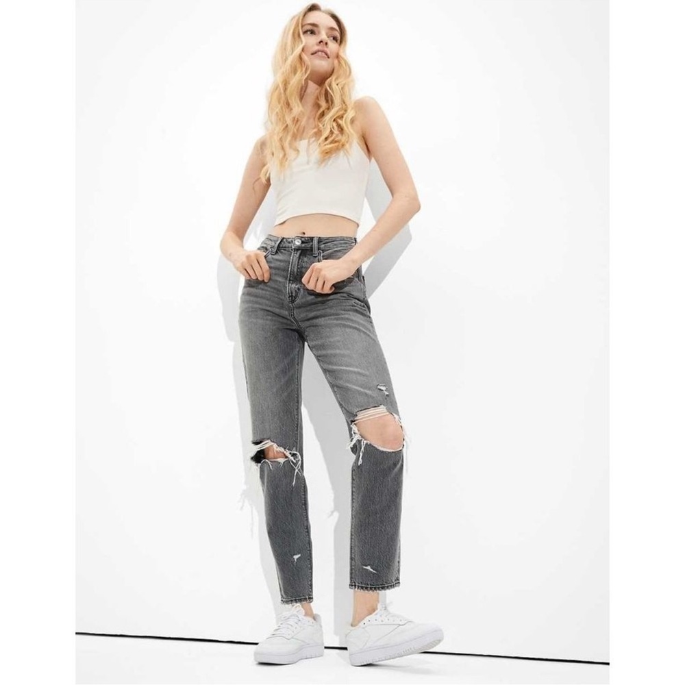American Eagle Highest Rise Mom Jeans in Distressed Grey/Black Wash, Women's 8